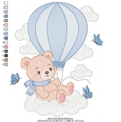 Baby Boy Bear with hot air balloon embroidery designs - Balloon with butterflies and clouds machine pattern - Instant digital download pes