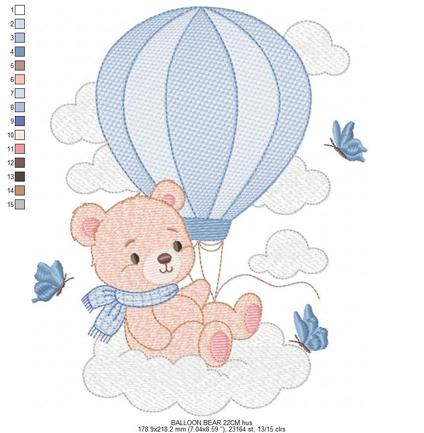 Baby Boy Bear with hot air balloon embroidery designs - Balloon with butterflies and clouds machine pattern - Instant digital download pes