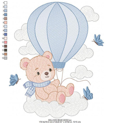 Baby Boy Bear with hot air balloon embroidery designs - Balloon with butterflies and clouds machine pattern - Instant digital download pes