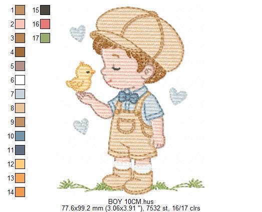 Vintage Baby boy embroidery design - Boy with cap and bird machine embroidery pattern - Children toddler kid - Instant digital download pes