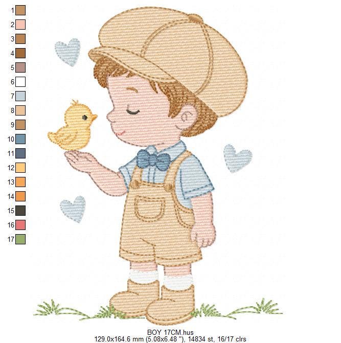 Vintage Baby boy embroidery design - Boy with cap and bird machine embroidery pattern - Children toddler kid - Instant digital download pes