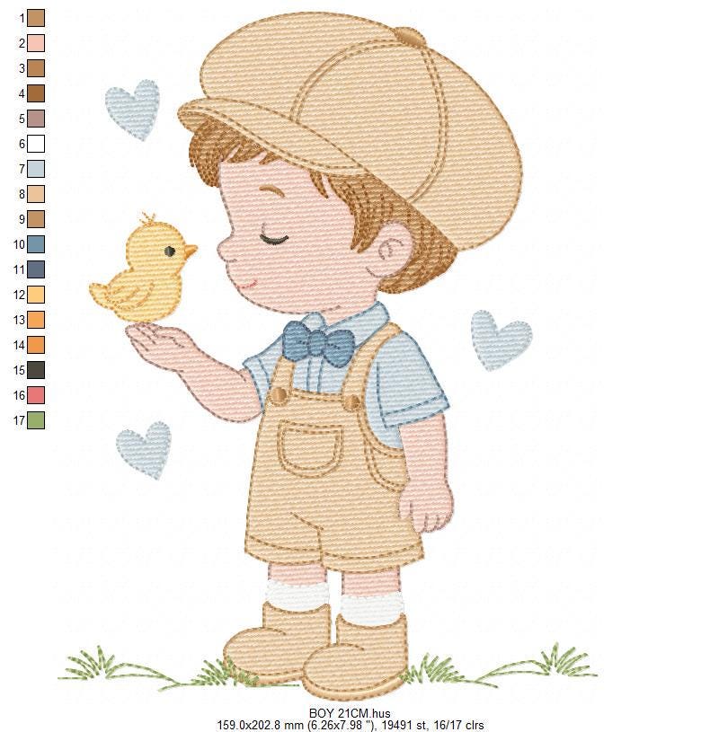 Vintage Baby boy embroidery design - Boy with cap and bird machine embroidery pattern - Children toddler kid - Instant digital download pes