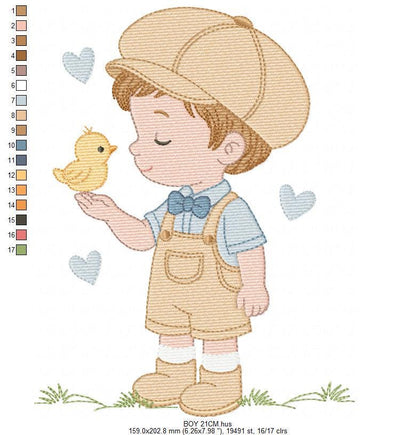 Vintage Baby boy embroidery design - Boy with cap and bird machine embroidery pattern - Children toddler kid - Instant digital download pes