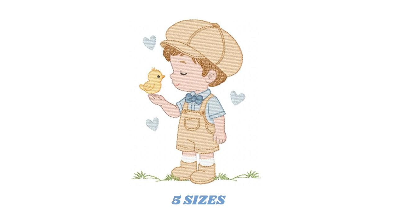 Vintage Baby boy embroidery design - Boy with cap and bird machine embroidery pattern - Children toddler kid - Instant digital download pes