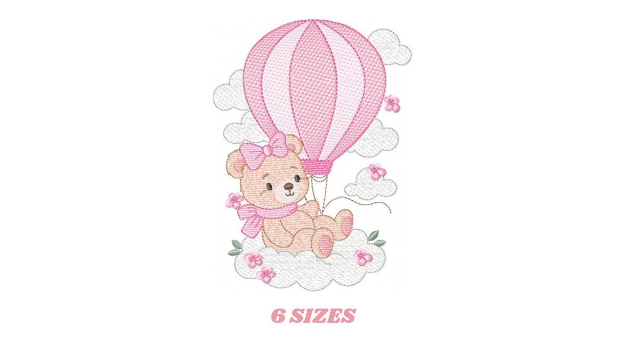 Baby Girl Bear with hot air balloon embroidery designs - Balloon with butterflies and clouds machine pattern - Instant digital download pes