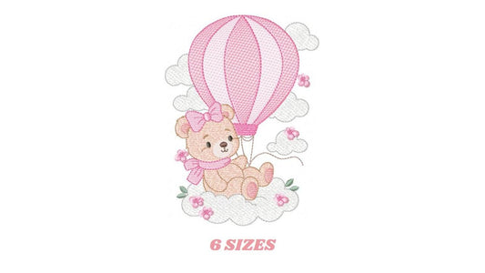 Baby Girl Bear with hot air balloon embroidery designs - Balloon with butterflies and clouds machine pattern - Instant digital download pes