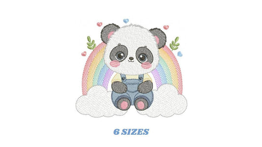 Baby Boy Panda embroidery design - Male Animal with overall machine embroidery pattern - Rainbow with clouds file - Instant digital download
