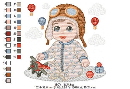 Baby Boy Pilot embroidery designs - Kid Toy Plane machine embroidery pattern - Aviator Toddler with goggles - Instant digital download pes