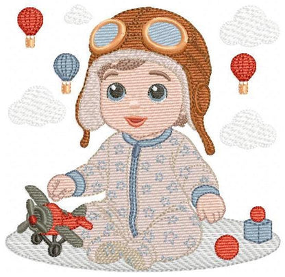 Baby Boy Pilot embroidery designs - Kid Toy Plane machine embroidery pattern - Aviator Toddler with goggles - Instant digital download pes