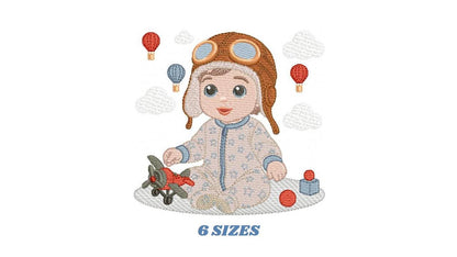 Baby Boy Pilot embroidery designs - Kid Toy Plane machine embroidery pattern - Aviator Toddler with goggles - Instant digital download pes