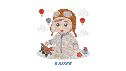 Baby Boy Pilot embroidery designs - Kid Toy Plane machine embroidery pattern - Aviator Toddler with goggles - Instant digital download pes