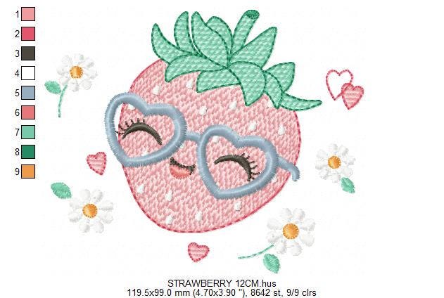 Strawberry with glasses embroidery designs - Fruit machine embroidery pattern - Kitchen Towel file - Instant digital download pes jef dst