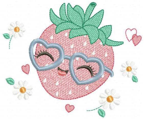 Strawberry with glasses embroidery designs - Fruit machine embroidery pattern - Kitchen Towel file - Instant digital download pes jef dst