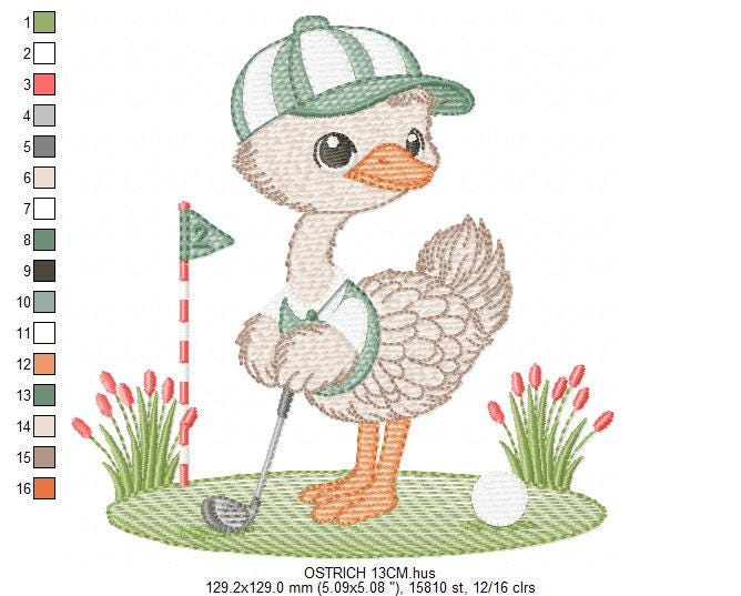 Ostrich playing golf embroidery designs - Baby Boy Bird machine embroidery pattern - Ostrich with flowers - Instant download pes jef dst hus