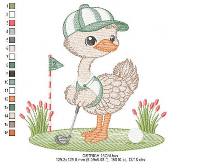 Ostrich playing golf embroidery designs - Baby Boy Bird machine embroidery pattern - Ostrich with flowers - Instant download pes jef dst hus
