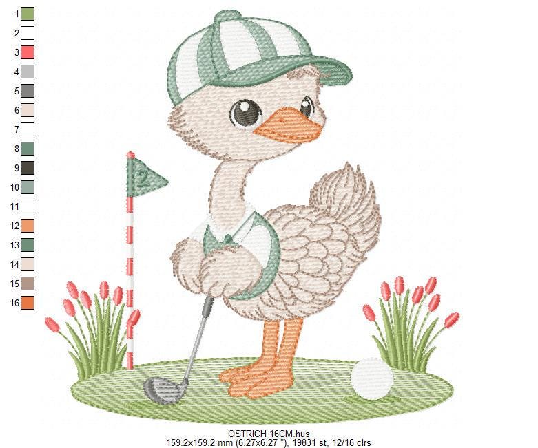 Ostrich playing golf embroidery designs - Baby Boy Bird machine embroidery pattern - Ostrich with flowers - Instant download pes jef dst hus