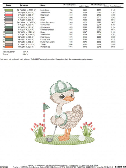 Ostrich playing golf embroidery designs - Baby Boy Bird machine embroidery pattern - Ostrich with flowers - Instant download pes jef dst hus