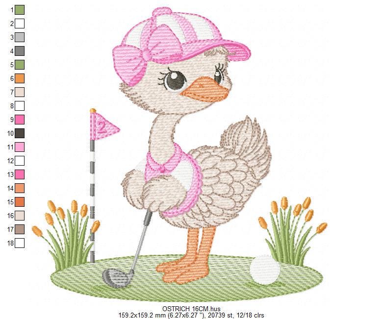 Ostrich playing golf embroidery designs - Baby Girl Bird machine embroidery pattern - Ostrich with flowers - Instant download pes jef dst
