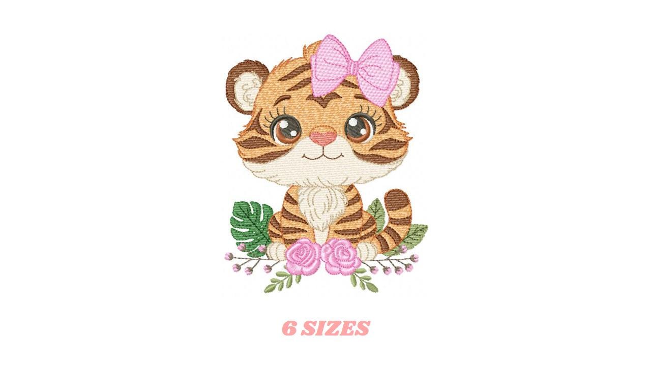 Tiger embroidery design - Female Forest Wild Animal with flowers machine embroidery pattern - Baby Girl file - Instant digital download pes