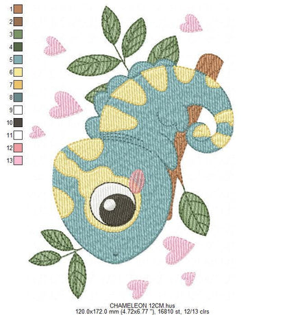 Chameleon embroidery designs - Colorful Animal with hearts machine embroidery pattern - Baby boy file - Instant digital download pes jef dst