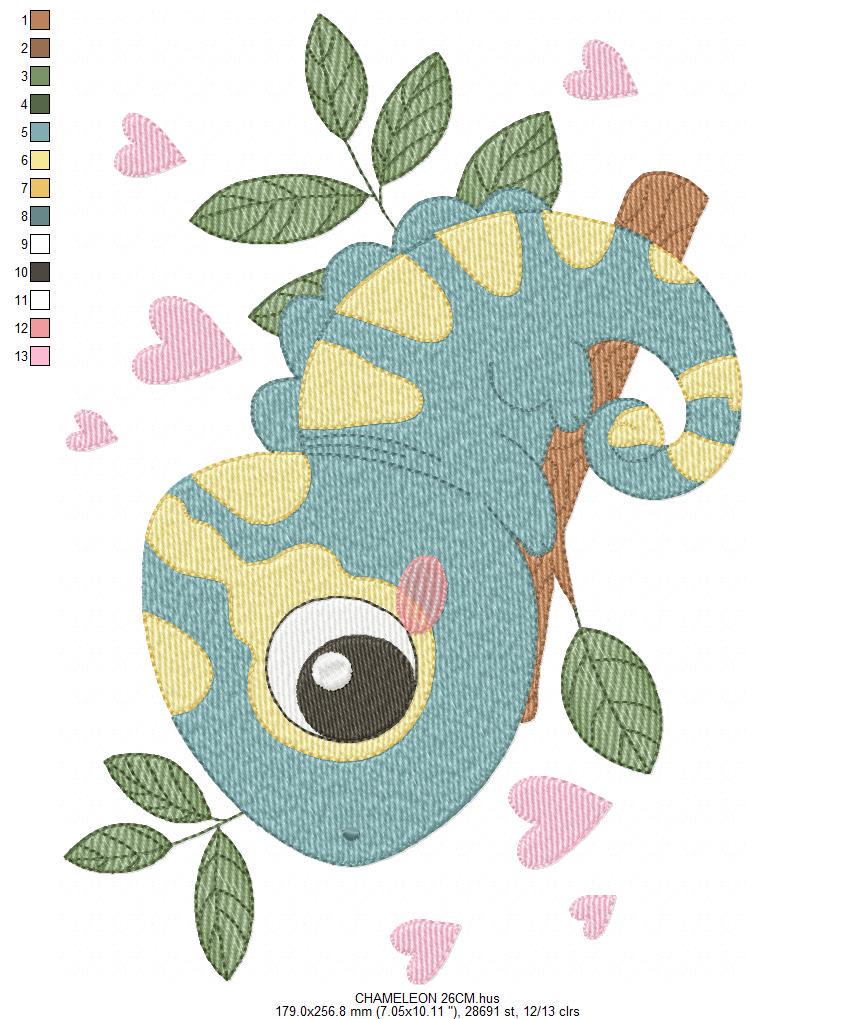 Chameleon embroidery designs - Colorful Animal with hearts machine embroidery pattern - Baby boy file - Instant digital download pes jef dst