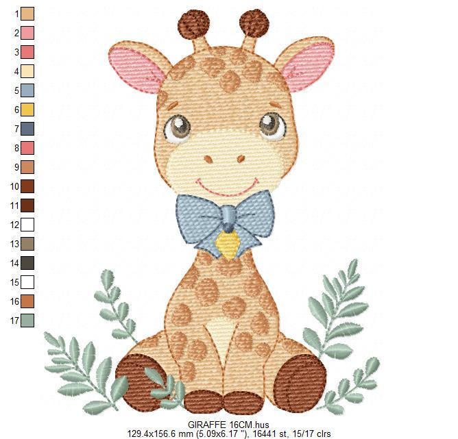 Giraffe embroidery designs - Safari Wild Animal with blue bow tie machine embroidery pattern - Baby boy file - Instant digital download pes