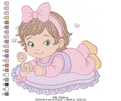 Baby girl with rattle embroidery designs - Princess with short hair and lace machine embroidery pattern - Instant digital download pes jef