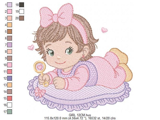 Baby girl with rattle embroidery designs - Princess with short hair and lace machine embroidery pattern - Instant digital download pes jef