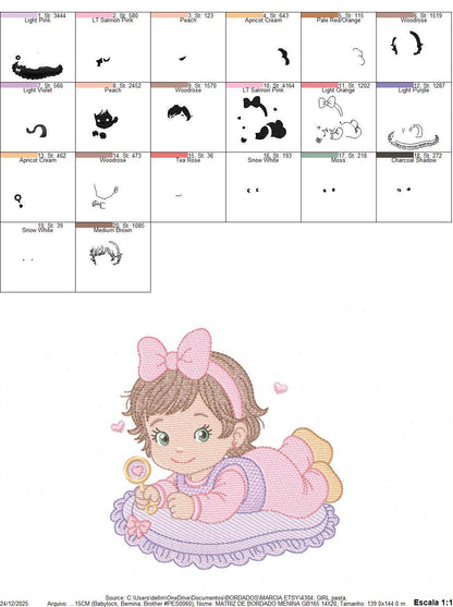 Baby girl with rattle embroidery designs - Princess with short hair and lace machine embroidery pattern - Instant digital download pes jef