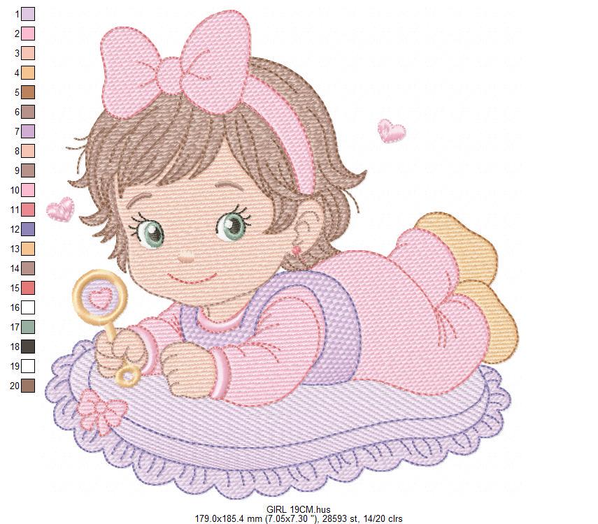 Baby girl with rattle embroidery designs - Princess with short hair and lace machine embroidery pattern - Instant digital download pes jef