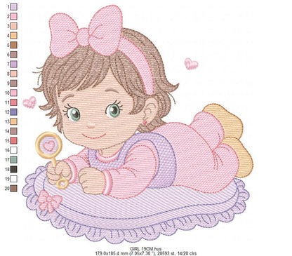 Baby girl with rattle embroidery designs - Princess with short hair and lace machine embroidery pattern - Instant digital download pes jef