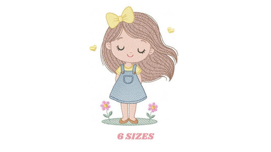 Baby girl with flowers and hearts embroidery designs - Princess with long hair lace machine embroidery pattern - Instant digital download