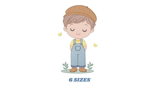 Baby boy with hearts embroidery design - Boy with overall and beret machine embroidery pattern - Instant digital download pes jef dst hus