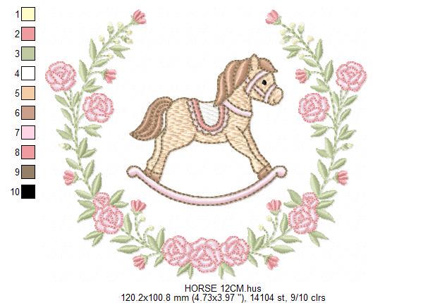 Toy Horse embroidery design - Baby boy rocking horse laurel frame machine embroidery pattern - Instant digital download pes jef hus dst vp3