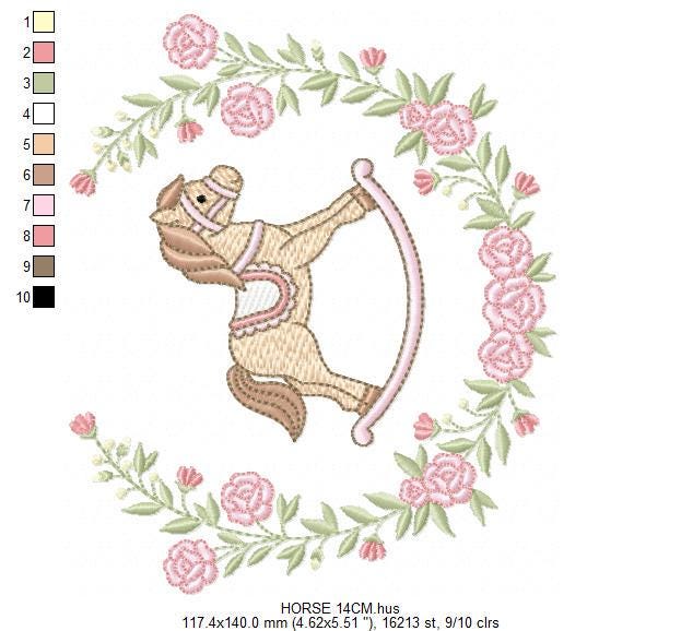 Toy Horse embroidery design - Baby boy rocking horse laurel frame machine embroidery pattern - Instant digital download pes jef hus dst vp3