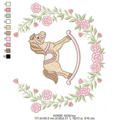 Toy Horse embroidery design - Baby boy rocking horse laurel frame machine embroidery pattern - Instant digital download pes jef hus dst vp3
