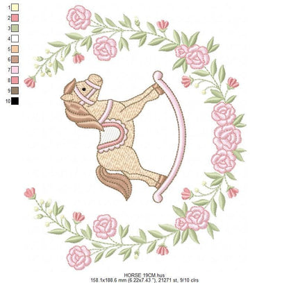 Toy Horse embroidery design - Baby boy rocking horse laurel frame machine embroidery pattern - Instant digital download pes jef hus dst vp3