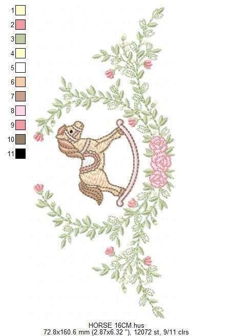 Toy Horse embroidery design - Baby boy rocking horse laurel frame machine embroidery pattern - Instant digital download pes jef hus dst vp3