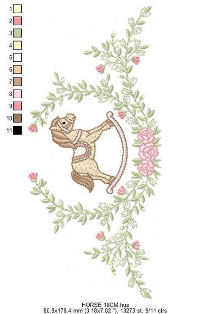 Toy Horse embroidery design - Baby boy rocking horse laurel frame machine embroidery pattern - Instant digital download pes jef hus dst vp3