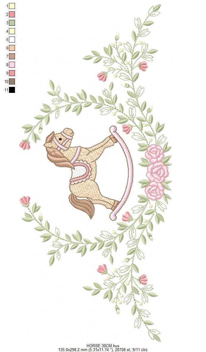 Toy Horse embroidery design - Baby boy rocking horse laurel frame machine embroidery pattern - Instant digital download pes jef hus dst vp3