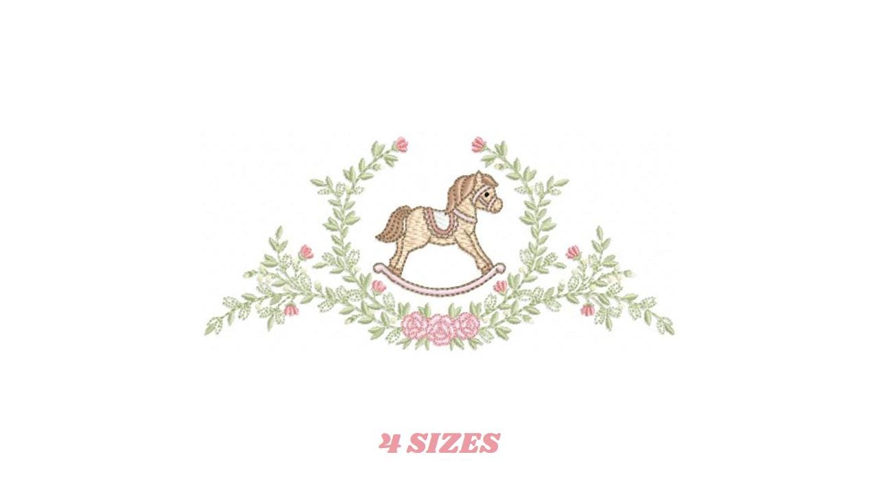Toy Horse embroidery design - Baby boy rocking horse laurel frame machine embroidery pattern - Instant digital download pes jef hus dst vp3