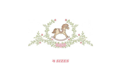 Toy Horse embroidery design - Baby boy rocking horse laurel frame machine embroidery pattern - Instant digital download pes jef hus dst vp3