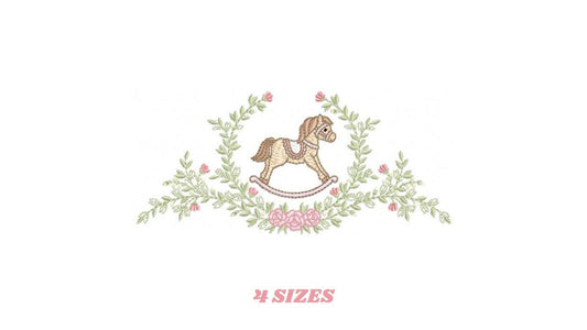 Toy Horse embroidery design - Baby boy rocking horse laurel frame machine embroidery pattern - Instant digital download pes jef hus dst vp3