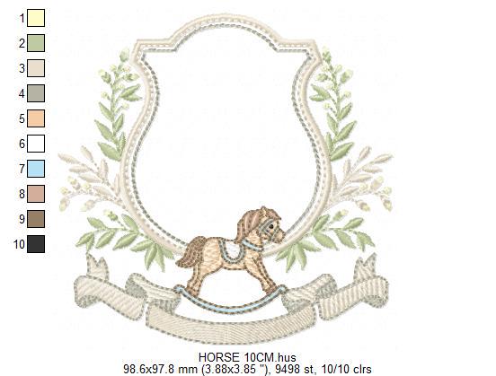 Toy Horse embroidery design - Baby boy rocking horse laurel frame machine embroidery pattern - Instant digital download pes jef hus dst vp3