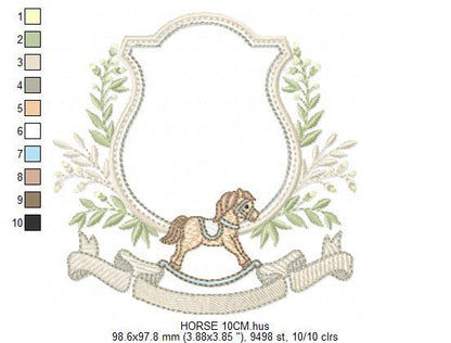 Toy Horse embroidery design - Baby boy rocking horse laurel frame machine embroidery pattern - Instant digital download pes jef hus dst vp3
