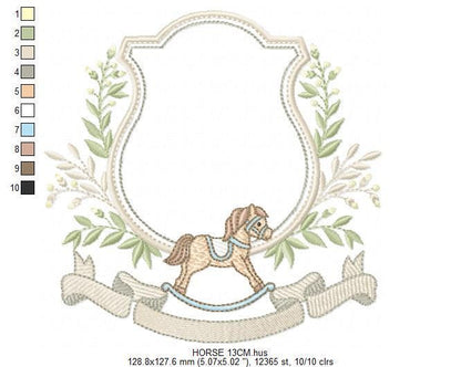 Toy Horse embroidery design - Baby boy rocking horse laurel frame machine embroidery pattern - Instant digital download pes jef hus dst vp3
