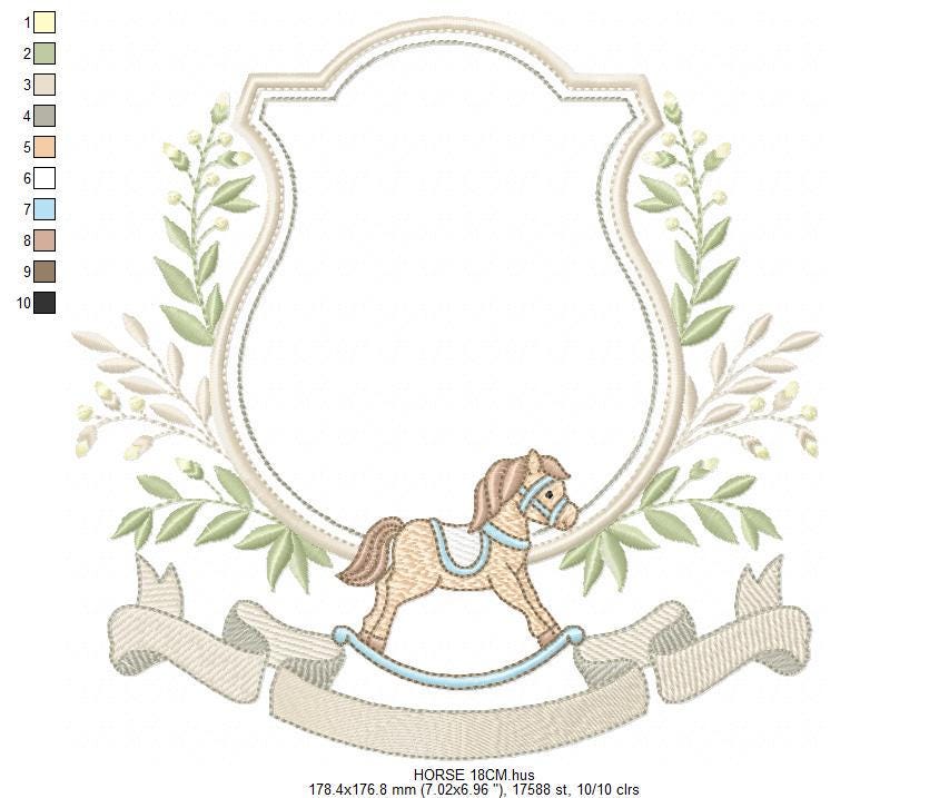 Toy Horse embroidery design - Baby boy rocking horse laurel frame machine embroidery pattern - Instant digital download pes jef hus dst vp3