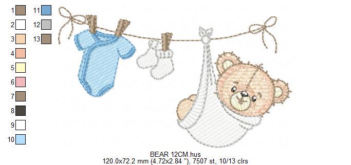 Baby Boy Bear embroidery designs - Baby Bear with clothes line machine embroidery pattern - Gender Reveal party Deco - Instant download pes