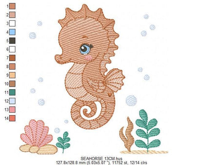 Seahorse embroidery design - Ocean Sea Animal with shells and algae machine embroidery pattern - Baby boy file - Instant digital download