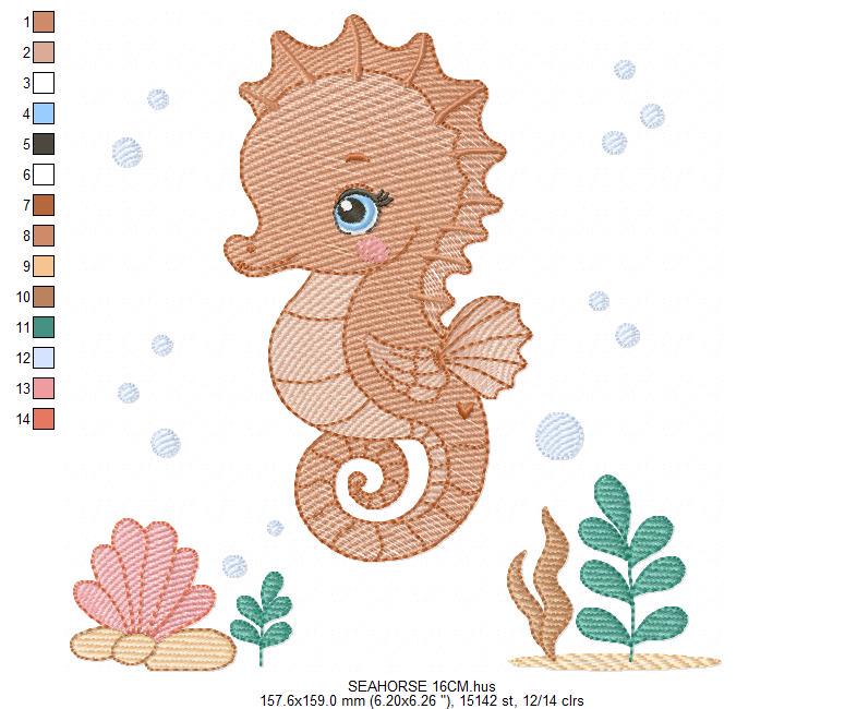 Seahorse embroidery design - Ocean Sea Animal with shells and algae machine embroidery pattern - Baby boy file - Instant digital download